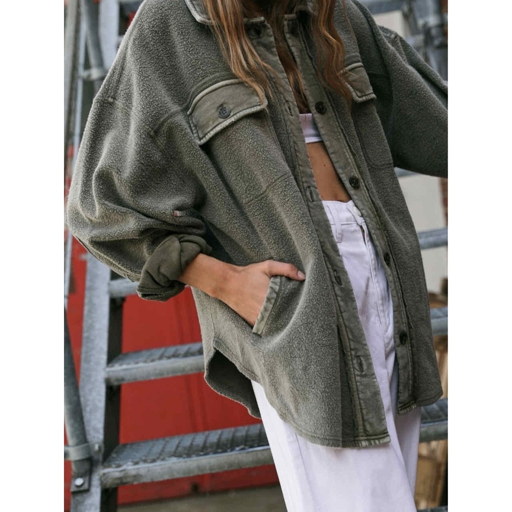 Free People Ruby Jacket Olive Oversized Shacket Utility Fleece Size S Boho